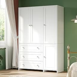 VOWNER Armoire Wardrobe Closet with Drawers and Mirror, 71" Clothing Storage Cabinet with Hanging Rod, 4 Doors Wooden...
