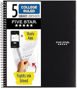Five Star Spiral Notebook + Study App, 5 Subject, College Ruled Paper, 8-1/2" x 11", 200 Sheets, Fights Ink Bleed, Wa...