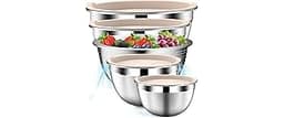 DUTZUN Stainles Steel Mixing Bowls with Lids Set, Stackable Metal Mixing & Serving Bowl with Strainer, 5-Piece - Beige