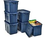 Rubbermaid Roughneck Tote 18 Gal, 6 Pack, Made in USA, Dark Indigo Metallic, Rugged Plastic Stackable Storage Bins wi...