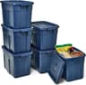 Rubbermaid Roughneck Tote 18 Gal, 6 Pack, Made in USA, Dark Indigo Metallic, Rugged Plastic Stackable Storage Bins wi...