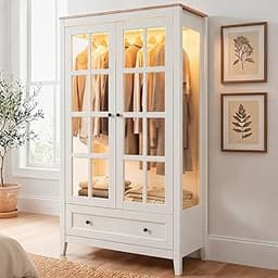 Loomie Armoire Wardrobe Closet with LED Lights, Bedroom Freestanding Armoire Display Cabinet with Glass Doors and Dra...