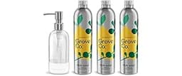 Grove Co. Ultimate Dish Soap Refills (3 x 16 Fl Oz) + Refillable Glass Dish Soap Dispenser for Kitchen Sink with Non-...
