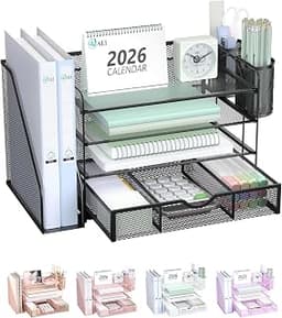 WALI Desk File Organizer, 4 Tier Desktop Paper Letter Tray Organizer with Drawer and 2 Pen Holders, Office Desk Acces...