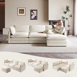 ROWHY 104'' Modular Sectional Cloud Couch with Movable Ottoman, 4 Seat Modern Corduroy Sofa, Deep Seat L Shaped Couch...