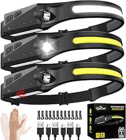Rechargeable Headlamp 3PCS, 230° Wide Beam Head Lamp, Motion Sensor LED Headlamp Rechargeable, 5Mode Bright Headlamps...