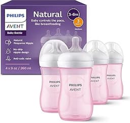 Philips Avent Natural Baby Bottles with Natural Response Nipples (Medium Flow, Flow 3), 9oz, Pink, 4-Pack, SCY903/14
