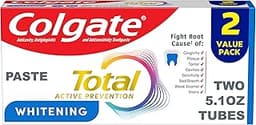 Colgate Total Whitening Toothpaste Paste, 5.1 oz, 2 Pack, Fluoride Antibacterial for Plaque, Gingivitis, Sensitivity,...