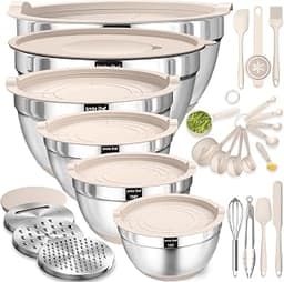 Mixing Bowls with Airtight Lids Set, 26PCS Stainless Steel Khaki Bowls with Grater Attachments, Non-Slip Bottoms & Ki...