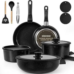 Nonstick Pots and Pans Set - 20 Pack KIKCOIN Stackable Cookware Set with Detachable Handle, RV Kitchen Cooking Set wi...