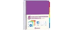 SUNEE 5 Subject Notebook College Ruled - 400 Pages, 9"x11", 5 Pocket Colored Dividers, 3-Hole Punched Paper, Dark Purple