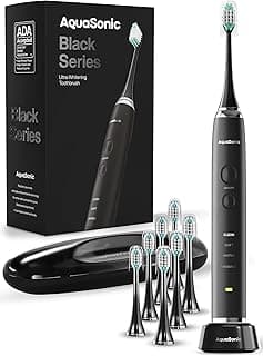 Aquasonic Black Series Ultra Whitening Toothbrush – ADA Accepted Electric Toothbrush- 8 Brush Heads & Travel Case – 4...