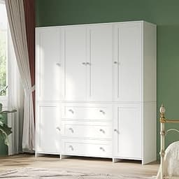 VOWNER Armoire Wardrobe Closet with Drawers and Mirror, 71" Clothing Storage Cabinet with Hanging Rod, 6 Doors Wooden...