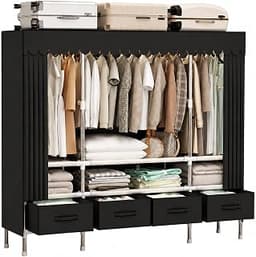 Portable Closet with Drawers 55" Wardrobe Closet Black | portable closet for hanging clothes, fabric drawers and hang...