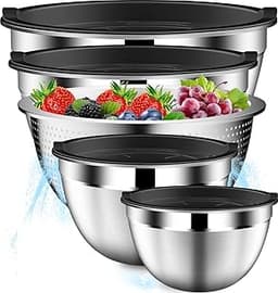 DUTZUN Mixing Bowls with Lids Set, Stainless Steel Mixing Bowls with Colander, Strainer with Mixing Bowl Set, Serving...
