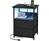 Fixwal Night Stand with Charging Station, LED Nightstand with U-S-B Ports and Outlets, 2 Fabric Storage Drawers with ...