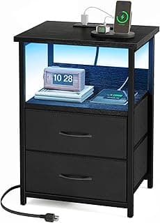 Fixwal Night Stand with Charging Station, LED Nightstand with U-S-B Ports and Outlets for Small Spaces, 2 Fabric Stor...