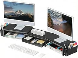 OPNICE Desk Organizers and Accessories, Dual Monitor Stand Riser with Drawer and 2 Pen Holders, Desk Shelf Metal Comp...