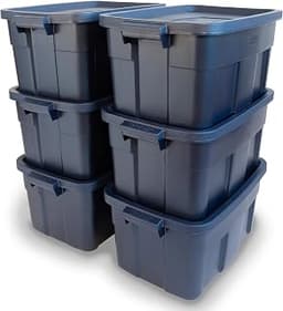 Rubbermaid Roughneck Tote 14 Gal, 6 Pack, Made in USA, Dark Indigo Metallic, Rugged Plastic Stackable Storage Bins wi...