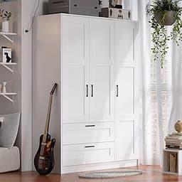 Fenghua Lizhi 3 Doors Wooden Wardrobe Closet Armoire, White Storage Cabinet for Hanging Clothes, Bedroom Large Capaci...