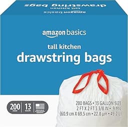 Amazon Basics Tall Kitchen Drawstring Trash Bags, Sturdy, 13 Gallon, Unscented, 200 Count