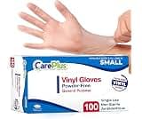 CARE PLUS Vinyl Gloves Clear Small, Disposable Latex Free, 100 Count | Powder free exam grade protection for food ser...