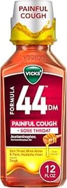 Vicks Formula 44 DM Painful Cough + Sore Throat Liquid, Day or Night, Cough Syrup, Powerful Painful Cough and Sore Th...