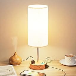 Fenmzee Bedside Table Lamp for Bedroom - 3 Way Dimmable Touch Lamp USB C Charging Ports and AC Outlet, Small Lamp Woo...