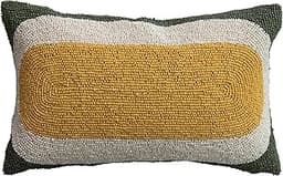Bloomingville Cotton Decorative Pillow with Polyester Fill, Green, White, and Mustard