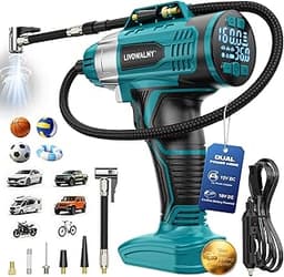 160PSI Cordless Tire Inflator Portable Air Compressor Compatible with Ma-Kita 18V Battery, LIVOWALNY 12Ft Cord-12V DC...