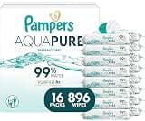 Pampers Aqua Pure Baby Wipes, 99% Water, Fragrance Free, Unscented, Water Based, Multi-Use, 896 Wipes Total (16X Flip...