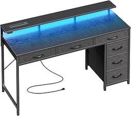 Huuger Gaming Desk with 6 Drawers, Computer Desk with LED Lights Power Outlets and Type-C, 47 Inch Office Desk with S...
