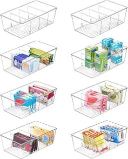 Vtopmart 8 Pack Food Storage Organizer Bins, Clear Plastic, 4 Compartments