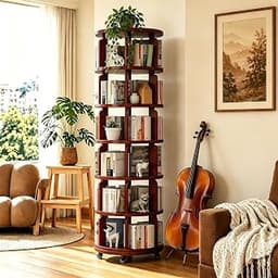 6 Tier 360° Rotating Solid Wood Bookshelf with Wheels | ,Lazy Susan Circular Spinning Revolving Corner Bookcase, Free...