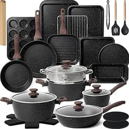 Kikcoin Pots and Pans Set Non Stick 31 Piece Kitchen Nonstick Cooking Cookware Sets with Grill Pan Saucepan Baking Sh...