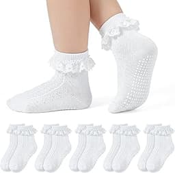 Jeasona 5 Pairs Toddler Girls Lace Trim Ruffle Socks Non-Slip Cotton Crew Dress Socks, 1-6 Years Old