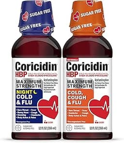 Coricidin HBP Maximum Strength Cold & Flu Day & Night Sugar-Free Liquid Twinpack, Decongestant-Free Cold Medicine for...