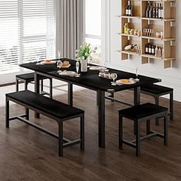 Feonase 5-Piece Dining Table Set for 4-8 People, 63" Large Extendable Kitchen Table Set with 2 Benches and 2 Square S...