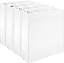 Amazon Basics 3 Ring Binders, 2 Inch, D-Ring Organizer for School, Home Office, White, 4 Pack