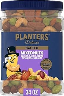 PLANTERS Deluxe Salted Mixed Nuts, Roasted Cashews, Almonds, Pecans, Pistachios, and Hazelnuts, Party Snacks, Plant-B...