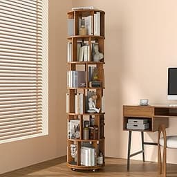 6 Tier Solid Wood Rotating Bookshelf on Wheels, 360° Spinning Book Shelf Tower, Round Revolving Bookcase Organizer, R...