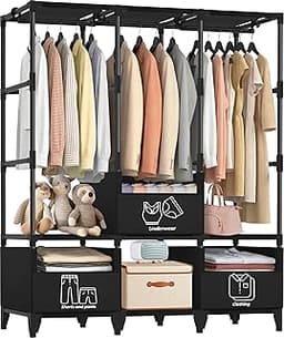 LOKEME Portable Closet,Sturdy Stable Large Capacity Wardrobe Closet,Clothes Rack with Shelves,3 Folding Areas,3 Stora...