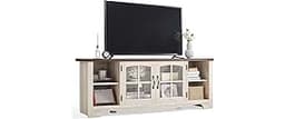 LINSY HOME Farmhouse TV Stand for 65 Inch TV, Wood Entertainment Center with Glass Door Storage Cabinet & Adjustable ...