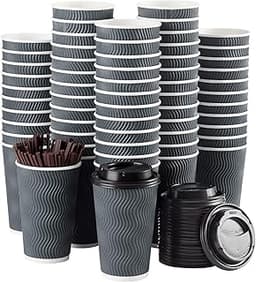 Disposable Coffee Cups with Lids and Straws - 16 oz (90 Set) Togo Hot Paper Coffee Cup with Lid To Go for Beverages E...
