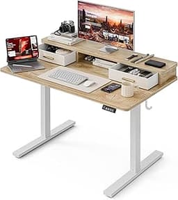 Grandder Electric Standing Desk with Two Drawers, Sit to Stand Up Height Adjustable Desk with Storage Shelf for Home ...