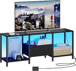 TV Stand with LED Lights, Entertainment Center with Open Shelves and Fabric Drawer, Media Console for 55 Inch TV, Tel...