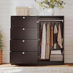 VOWNER Armoire Wardrobe Closet with 4 Drawers and 2 Doors, 43''H Clothing Storage Cabinet Dresser with Hanging Rod, C...
