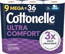 Cottonelle Ultra Comfort Toilet Paper, 9 Mega Rolls = 36 Regular Rolls, Packaging May Vary