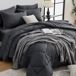 HEVUMYI 7 Pieces Queen Comforter Set, All Season Reversible Bed in a Bag, Ultra Soft Queen Bedding Set with Grey Comf...