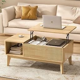 LYNCOHOME Fluted Lift Top Coffee Table with Storage, Modern Coffee Table for Living Room, Home Office(Natural)